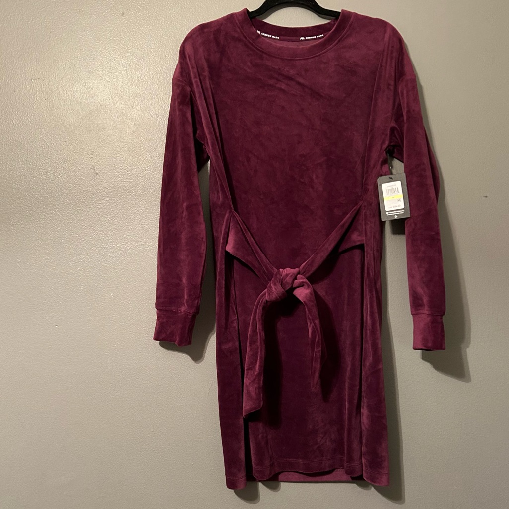 Nwt Andrew Marc Sport Sz Medium Dark Purple Midi Tie-Waist Velvet Dress!